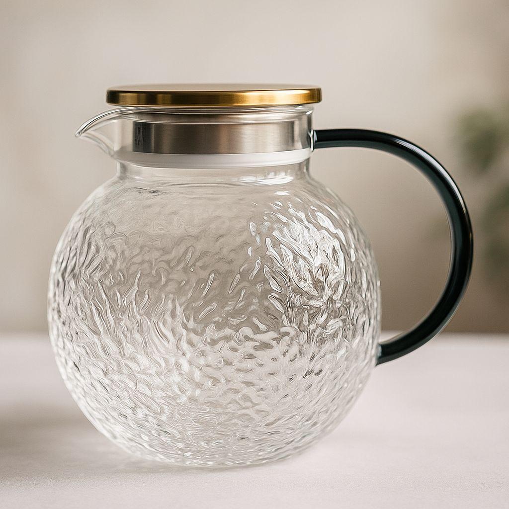 PREMIUM GLASS KETTLE WITH COLORED SHAPE HANDLE AND STEEL LID