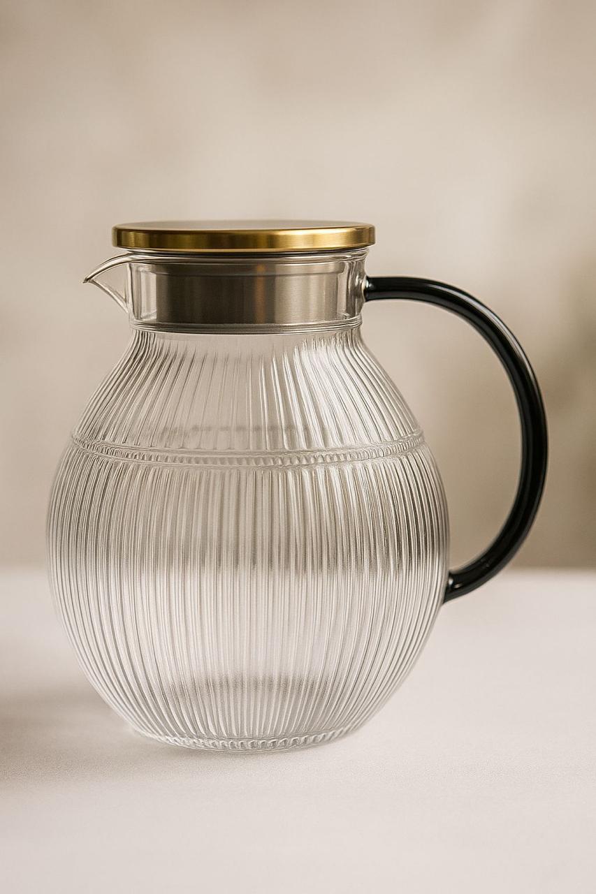 PREMIUM GLASS KETTLE ( MATKA SHAPE ) WITH COLORED HANDLE AND STEEL LID
