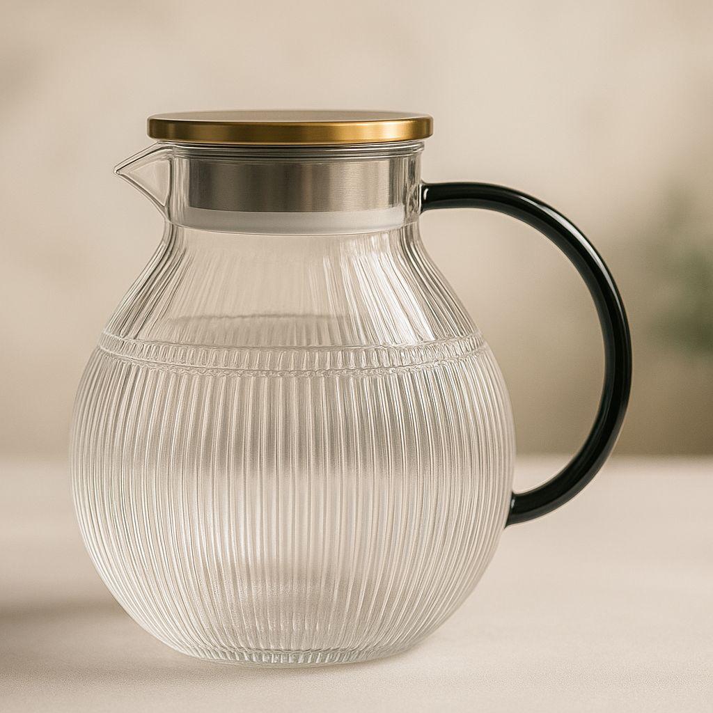 PREMIUM GLASS KETTLE ( MATKA SHAPE ) WITH COLORED HANDLE AND STEEL LID