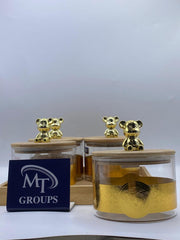 🐻 4 PCS Round Jars – Half Golden Lines with Bear Cap 🐻