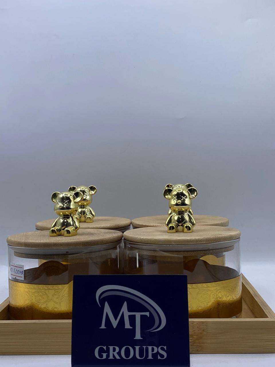 🐻 4 PCS Round Jars – Half Golden Lines with Bear Cap 🐻