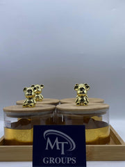 🐻 4 PCS Round Jars – Half Golden Lines with Bear Cap 🐻
