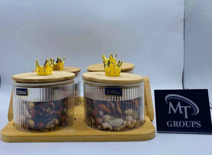 👑 4 PCS Round Jars with Nero Line Design & Crown Cap 👑